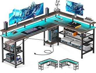ODK 66" L Shaped Gaming Desk with Power Outlet and LED Lights, Reversible L Shaped Desk with Storage Shelves & Monitor Stand, Gaming Desk with USB Ports, Home Office Desk, Grey Oak