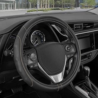 Motor Trend GripDrive Faux Black Leather Steering Wheel Cover for Car Truck Van SUV, Small 14 inch Size, Beige Accent Stitched Car Steering Wheel Cover Vehicle & Auto Accessories