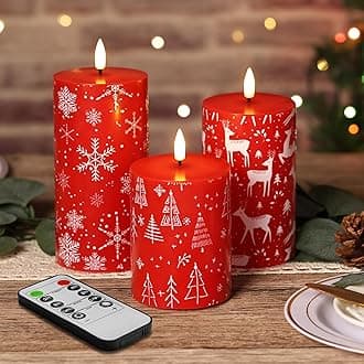 Eywamage Red Christmas Candles with Remote, Battery Operated Deer Snowflakes Candles, Real Wax Flameless LED Candles Set of 3