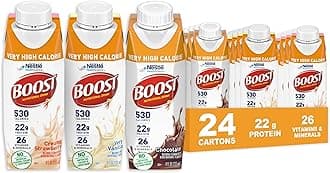 - BOOST Very High Calorie Nutritional Drink – Helps Weight Gain & Maintenance -530 Calories -26 Vitamins & Minerals - 22 g Protein - Variety Pack - Vanilla, Chocolate & Strawberry - 8 fl oz (Pack of 24)