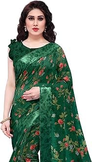SOURBH Women Cotton Blend Tropical Flower Printed Saree with Blouse Piece