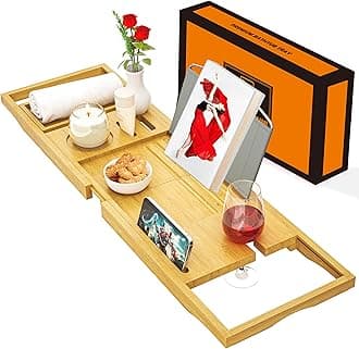 Banlilu Premium Natural Bamboo Expandable Bathtub Tray Caddy, Luxury Spa-Like Experience, Adjustable, Sturdy, Non-Slip, Foldable