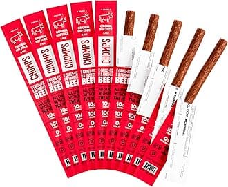 Chomps Grass-Fed and Finished Original Beef Jerky Snack Sticks 10-Pack - Keto, Paleo, Whole30, 10g Lean Meat Protein, Gluten-Free, Zero Sugar Food, Non-GMO