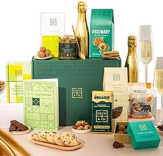 Happy Birthday Vegan Gift Hamper Basket, Luxury Gourmet Gifts for Women, Men, Couples, with Vegan Chocolate by EDEN & CO - Plus 2 Prosecco
