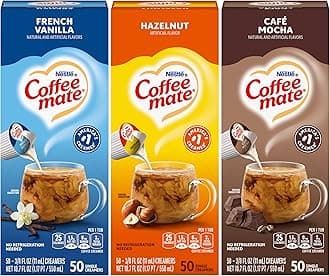 Nestle Coffee mate Liquid Coffee Creamer Singles Variety, 1 of each French Vanilla, Hazelnut, Cafe Mocha, 50 Ct Box