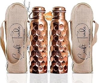 Craft Trade Pack of 2 Hammered Pure Copper Bottle with Lid and Carry Bag for Drinking Water BPA Free Leak Proof Supports Digestive & Liver Health, Ayurveda Inspired 34oz - 1 Litre Natural