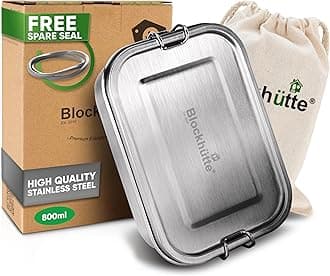 Blockhütte Stainless Steel Lunch Box for Kids and Adults I 800ml Metal Lunch Box I Metal Bento Boxes with 2 Movable Dividers – Leakproof Lunchbox – Stainless Steel Bento Box with Spare Seal