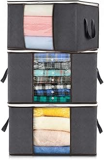 Lifewit 50L Clothes Storage Bags Large Storage Box With Lid Packing Boxes for Moving House With Reinforced Handle Thick Fabric Clear Window for Clothes Duvet Blankets Bedding, 3 Pack, Grey