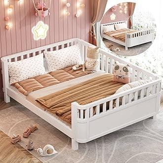 KEIKI Full Size Wooden Floor Bed w/Removable Rails, Montessori Platform Bed Frame w/Safety Low Profile, Space Saving Corner Kids Beds for Boys Girls Bedroom, No Box Spring Needed, Easy Assembly, White