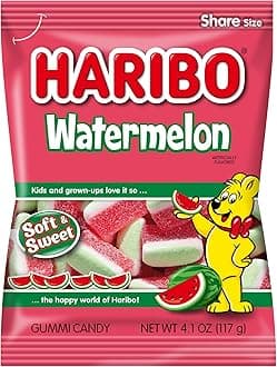 HARIBO Gummi Candy, Watermelon Gummy Candy, 4.1 Ounce Share Size Bags (Pack of 12) Delicious Soft, Chewy & Juicy Sweet Snacks, Fruity Watermelon Flavor