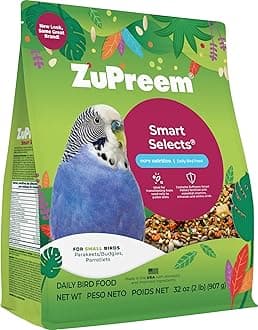 ZuPreem Smart Selects Daily Bird Food for Parakeet, Budgie, Parrotlet, Dove, Bird Pellets and Seed Blend, Core Nutrition for Small Birds, Made in USA, Parakeet Food, Budgie Food (S, 2 lb)