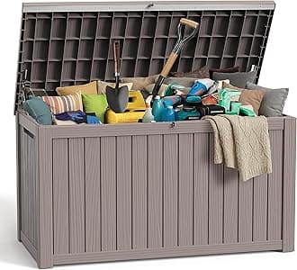 ROJIK Outdoor Storage Housing Deck Box,Waterproof Patio Furniture, Garden Tools,Cushions,Pool Accessories Storage Bench with Lockable Lid and Side Handles (Grey,280 Gal)