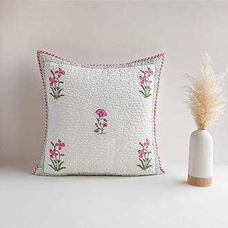 HOMEMONDE Pack Of 2 Floral Hand Block Print Soft Throw Cushion Cover - Pink 24 X 24 Inches Quilted Cotton Sofa Pillow Case For Home Decor, 300 TC