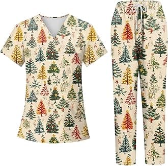 Generic Christmas Scrubs Set for Women Nurse Uniform Top & Pants with Multi Pocket for Nurse Esthetician Workwear