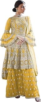 Women's Beige Net Semi Stitched Top With Stitched Net Bottom and Net Dupatta Embroidered Flared Top Dress Material (Kurta Palazzo Set) (D-1027)_Free Size