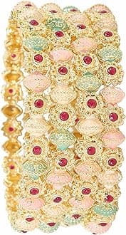 ZULKALatest Gold Plated Metal with Red Zircon Diamond Bangles Set For Girls & Women | Premium Women Kangan | Girl's Bangles Bracelet | Metal Kada For Women- Set of 4