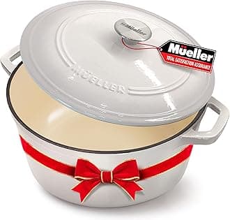 Mueller Cast Iron Dutch Oven Pot with Lid, 6 Quart Enameled, Dual Handles, Stainless Steel Knob, Stew Pot, Induction Pot - For Braising, Roasting, Baking, Cast Iron Bread Pan with Lid, White