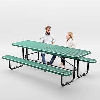 Metal Picnic Furniture for Outdoors with Umbrella Hole - Coated Steel Heavy Duty Commercial Grade Table with Adjustable Seats, Patio Set for a Lifetime (Green, 8' Rectangular)
