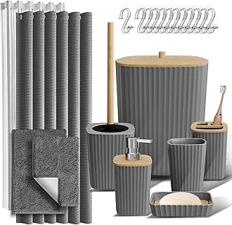 Clara Clark Bathroom Accessories Set - Bathroom Set, Bathroom Sets with Shower Curtain and Rugs, Shower Curtain Set with Bathroom Trash Can - Grey - 22PC