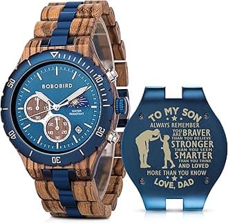 2winMens Personalized Engraved Wooden Watches Fashion Multifunction Custom Watch Birthday Anniversary Wood Watches for Husband Boyfriend Dad Him Son with Gift Box