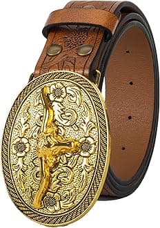 Mawjom Western Cowboy PU Leather Belt - Men Waist Strap Bull Decoration Floral Engraved for Jeans 25" to 38" Waist