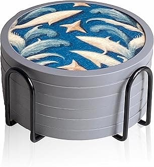 Absorbent Coasters for Drinks with Holder - 6packs, Silicone Coastes with Soft Felt Insert (4.3 inch Coasters with 4.5 inch Holder, Dual-Sided Ocean -Themed Patterns)