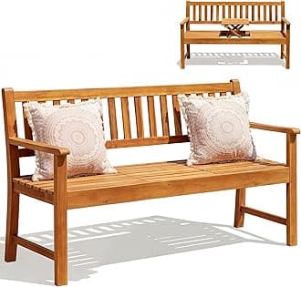 Devoko Outdoor Bench, 2-Person Garden Bench, Patio Wood Bench Outdoor Loveseat with Pull-Out Center Table for Backyard, Balcony and Patio and Garden (Log Color)