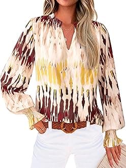 MASCOMODA Womens V Neck Floral Long Sleeve Tops 2026 Summer Casual Loose Puff Sleeve Chiffon Boho Work Blouse Dressy T Shirts