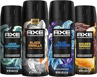 Fine Fragrance Collection Premium Deodorant Body Spray for Men - Variety Pack - Blue Lavender, Aqua Bergamot, Golden Mango, & Black Vanilla - Pack of 4 72H Odor Protection, Aluminum Free, 4 oz