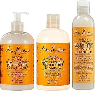 Shea Moisture Baobab & Tea Tree Oils Bundle | Low Porosity Protein-Free Leave-In Detangler 8 Oz, Conditioner For 13 Oz Shampoo