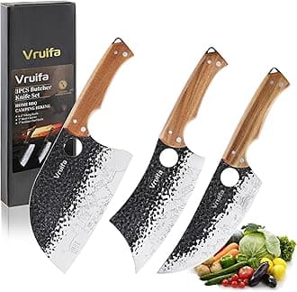 3 PCS Butcher Knife Set (Serbian, Meat Cleaver, Viking), Hand Forged with Premium Stainless Steel Blades, Ergonomic Wooden Handle Kitchen Knife Set for Home,BBQ, and Camping