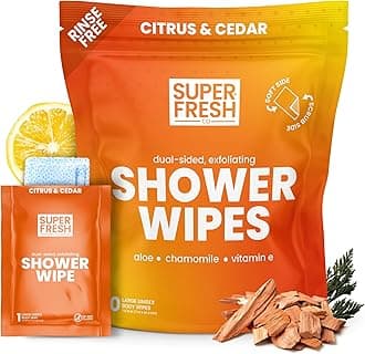 Super Fresh Shower Wipes Large Citrus & Cedar Body Wipes for No Rinse Bathing Personal Hygiene Gym Travel or Camping Enriched with Aloe and Vitamin E 10 Individually Wrapped Disposable Sheets