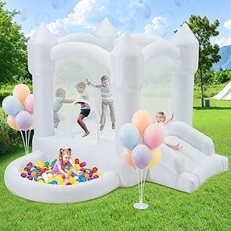 Inflatable White Bounce House,Indoor & Outdoor Bouncy Castle with Air Blower,Ball Pool and Slide for Wedding Party Kids Birthday Party