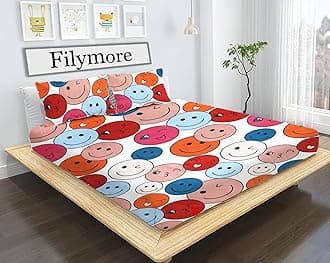 Filymore Kids Cotton Cartoon Smiles Print Bedsheet for Double Bed Queen Size with 2 Pillow Covers (90x90inch,White- Multi)