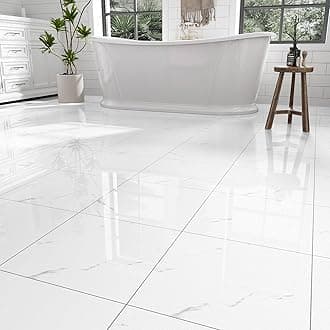 10-Pack Peel and Stick Floor Tiles Vinyl Floor 12 x 12 inch Self Adhesive Waterproof Glossy Flooring Planks DIY for Bathroom, Kitchen, Living Room, RV, Cover 10 Sq. Ft, Polish White Marble