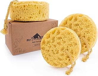 myHomeBody Bath Sponge, Foam Loofah, Body Scrubber for Bathing, Exfoliating Shower Pouf for Shower - Large Size, Lots of Lather, Round, 3 Pack