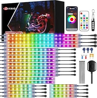 22Pcs Motorcycle Led Underglow Kit with Brake Turn Signal, Motorcycle RGB Lights with DITRIO APP/RF Remote Control, Dual Zone,12V Waterproof Pixelglow Effects for Motorcycles, Golf Carts, ATVs, UTVs