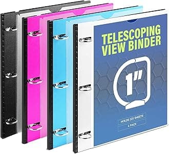 WOT I 4-Pack Telescoping 3 Ring Binder 1 Inch, Expandable Flexible Binder - Patented Design for Easy Portability, Holds 225 Sheets, Perfect for School, Office&Home Organization(Black+Pink+Blue+White)