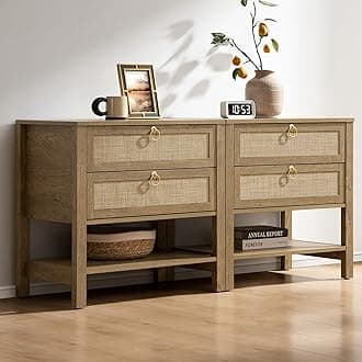 SICOTAS Night Stands Set of 2 for Bedroom, Large Bedside Tables with Drawer & Open Shelf, Wide Boho Rattan Nightstand Set Narrow Side Table for Master Bedroom