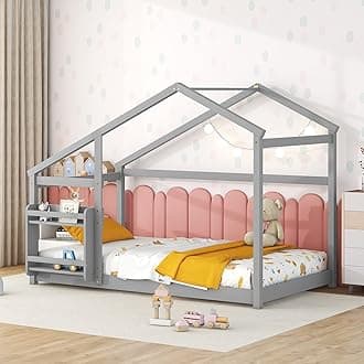 Bellemave Twin House Bed for Kids,Twin Floor Bed,Montessori-Style House Floor Bed with Shelf,Wood House Bed for Kids, Gray