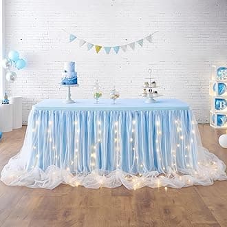 Leegleri Baby Blue Tulle Tutu Table Skirt With LED for Baby Shower, Wedding, Birthday Party - 14 ft for Rectangle or Round Tables