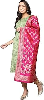 VredeVogel Women's Cotton Silk Blend Straight Kurta with Banarasi Silk Dupatta