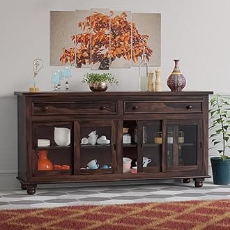 Solid Sheesham Wood Sideboard Cabinet for Living Room | Wooden Crockery Cabinet with 4 Sliding Acrylic Glass Doors & 2 Drawers | Kitchen Display Unit | Walnut Finish