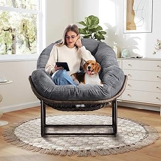 Large Indoor Rocking Chair, Oversized Rocking Papasan Chair with Thick Cushion & Frame, Comfy Corduroy Rocker Wicker Egg Chairs Lounge Reading Chair for Living Room, Bedroom, Apartment, Charcoal Grey