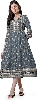 MIRCHI FASHION Women's Cotton Relaxed Fit A Line Sequins Embroidery Work Foil Printed A-Line Kurti Only