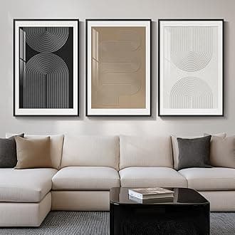 Large Framed Boho Neutral Abstract Wall Art for Living Room, 3 Piece Black White Brown Prints Paintings Artwork for Walls, Modern Minimalist Geometric Pictures for Hallway Office Wall Decor 24x36 In