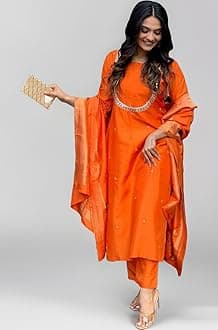 GoSriKi Women's Silk Blend Straight Embroidered Kurta with Pant & Dupatta