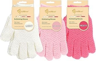 Evridwear Exfoliating Gloves for Shower, 100% Nylon Thick Soft Medium Heavy Bathing Gloves Dead Skin Remover Body Scrubber Smooth Skin with Hang Loop, 3 Pairs