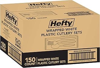 Hefty Individually Wrapped Plastic White Heavy-Duty Cutlery, Disposable Flatware, 150 Piece Set