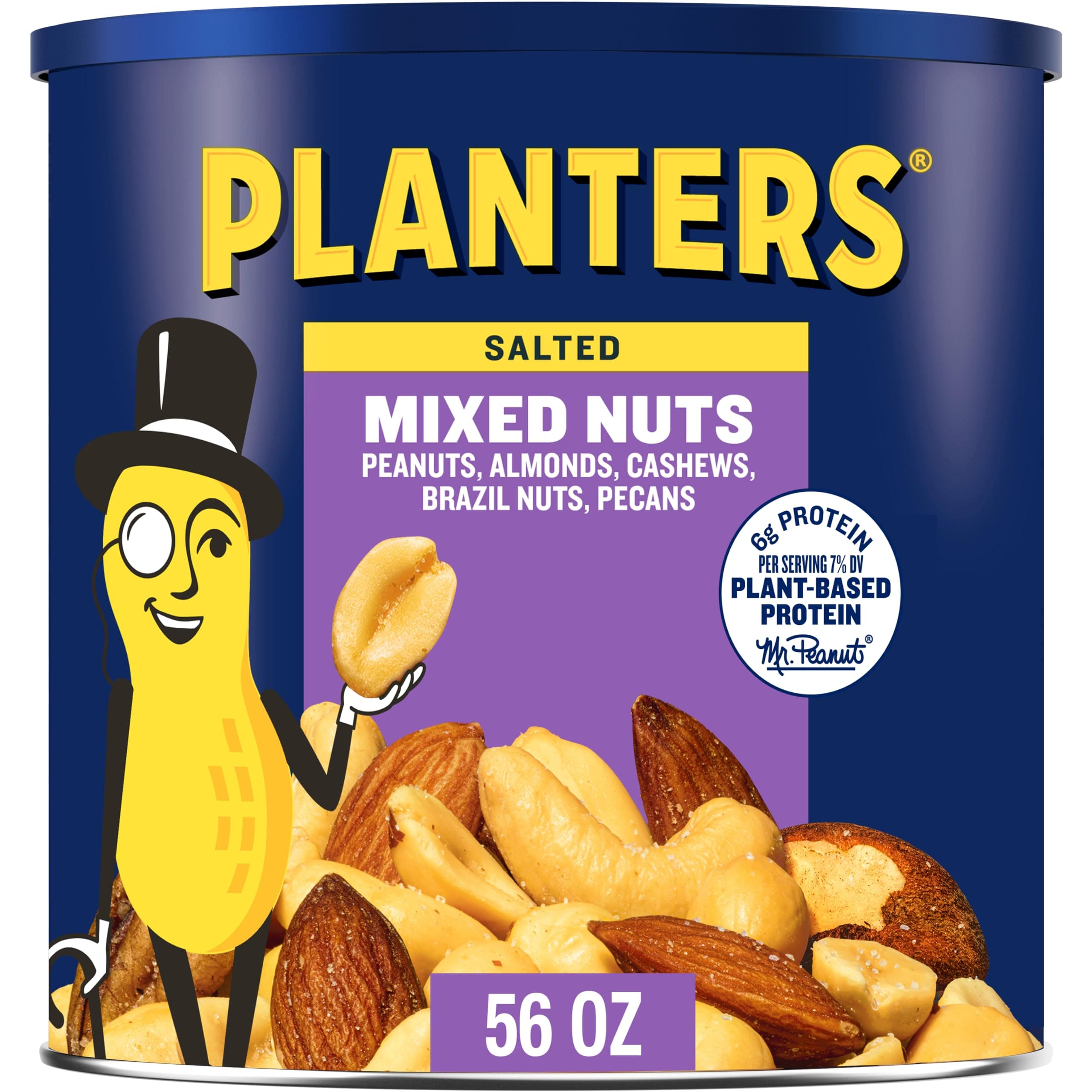 Salted Mixed Nuts, Peanuts, Almonds, Cashews, Brazil Nuts and Pecans, Party Snack, Plant-Based Protein, Quick Snack for Adults, After School Snack, Bulk Nuts, Kosher, 56oz Canister